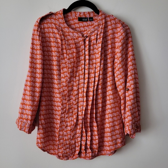 A.N.A. A New Approach Long Sleeve Blouse Orange + Pink Elephants Pleated Front - Picture 2 of 15